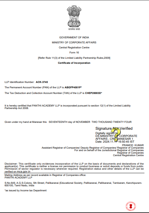 Panthi Academy Certificate of Incorporation