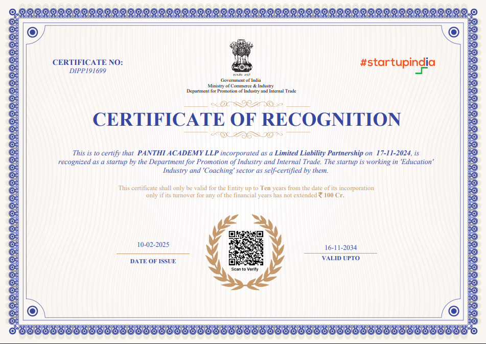 Panthi Academy Certificate of Recongintion Startup India