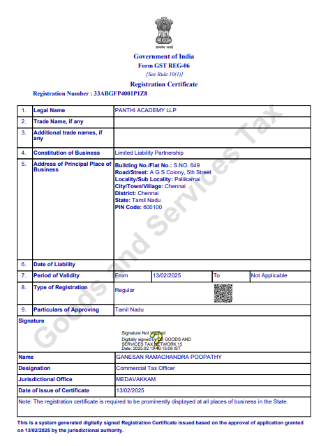 Panthi Academy GST Certificate